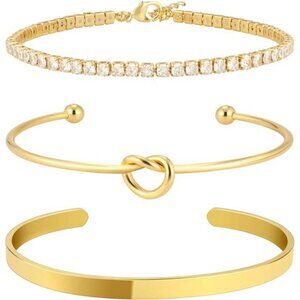 3-Piece Gold Bracelet Set – Dainty Crystal Tennis Bracelet, Love Knot Bangle, an